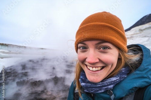 A woman exudes joy in a winter hat near thermal pools, the winter setting transformed by her cheerful presence, capturing the magic of the thermal wonderland