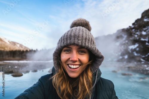 A joyful young woman, adorned in a winter hat, basks near thermal springs in winter. Her radiant smile mirrors the bliss found in the warmth of the bubbling hot springs