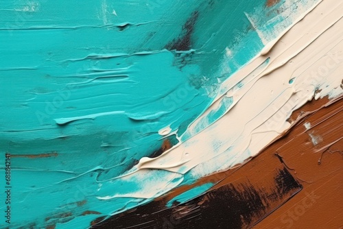 Close-up of an abstract painting with textured turquoise and white strokes over a dark brown base on a canvas.