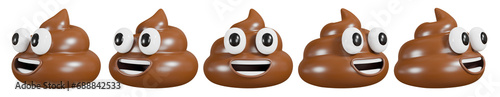 Happy smiling poop emoji icon set. 3D rendering. photo