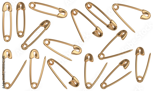 Realistic open and closed golden sewing safety pins in different positions. 3D rendered image set.