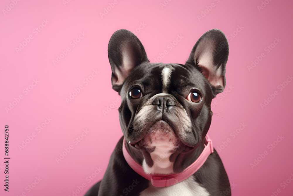 Attentive French Bulldog with Pink Collar on Solid Background