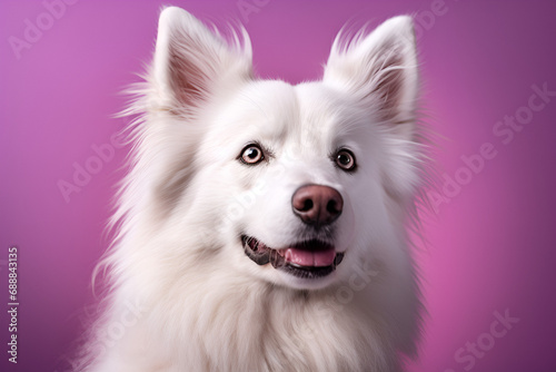 white pomeranian dog on purple © alphazero