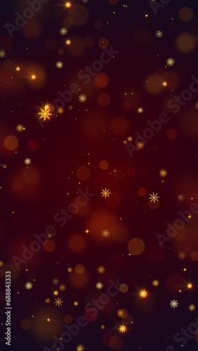 christmas and new year vertical video background, golden shiny snowflakes and stars, bokeh particles on red, social media luxury 4k animation photo