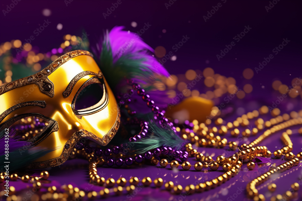 Traditional golden Venetian mask for festival Mardi Gras on purple background