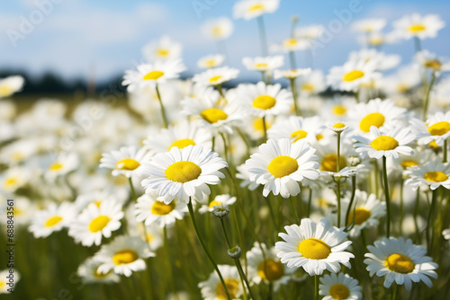 White wild daisies bloom in a field on a summer day