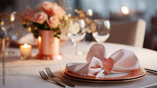 Love-themed dining, roses and soft light. Concept: Romance, elegance, dining, love. Valentines Day,