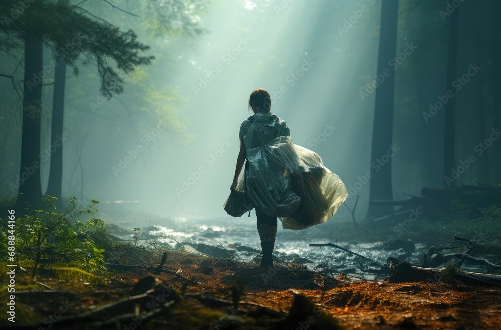 Woman walks through the deep forest alone and carries plastic bags Woman walks through the deep forest alone and carries plastic bags