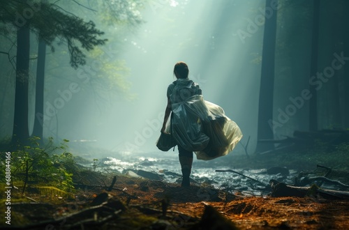 Woman walks through the deep forest alone and carries plastic bags