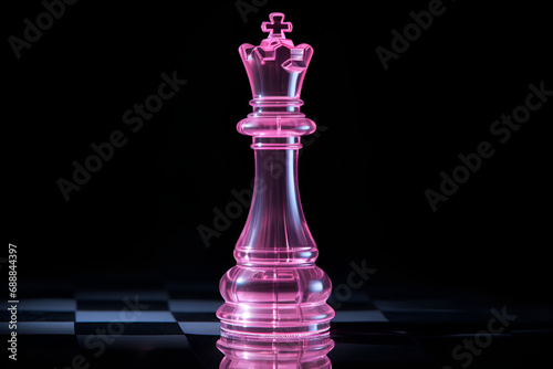 Pink Glass Chess Queen on Black and White Chess Board