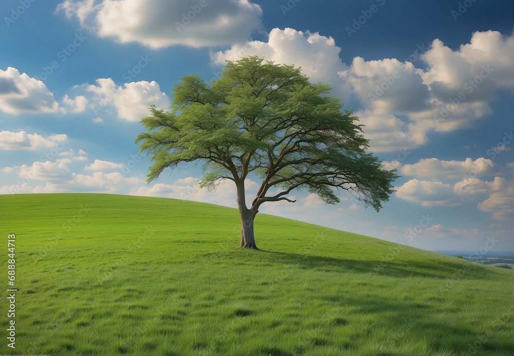 Fototapeta premium a lone large tree in a green meadow against a blue sky