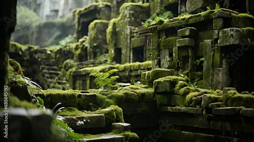 old abandoned stone building with ivy and vegetation  A mossy peaceful Asian themed garden. Generative AI.  Charming Cottage nestled moss. Forest tourism roof. Generate Ai  Abandoned mine and priso   