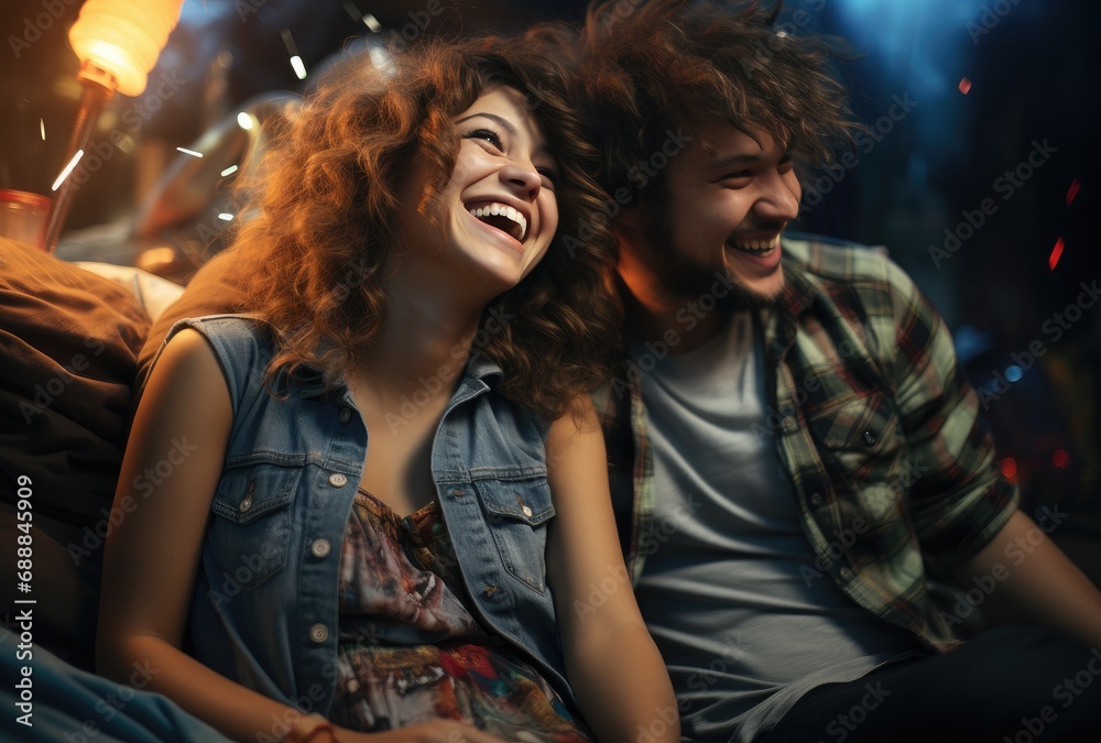 Smiling love couple in nightclub, casual style, urban couple sitting and smiling Smiling love couple in nightclub, casual style, urban couple sitting and smiling