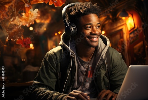 Black handsome boy with headphones chat with his girlfriends via laptop