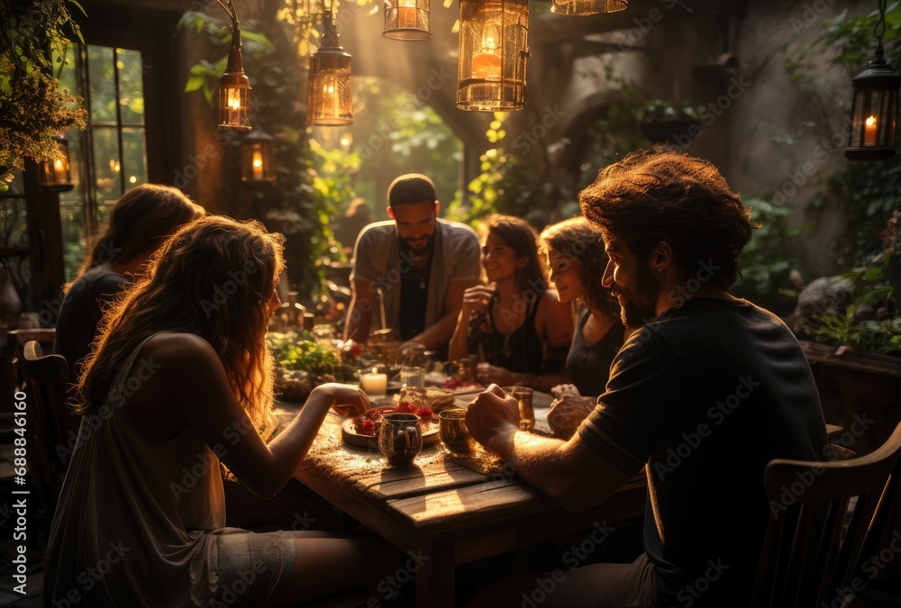 Group of friends at dinner in green environment - healthy style - obrazy, fototapety, plakaty 