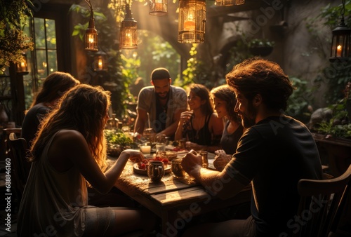 Group of friends at dinner in green environment - healthy style photo