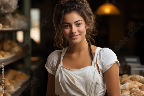 Bakery woman worker selling fresh pastry