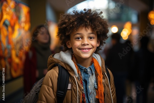 Mixed race child with afro coiffure going to school