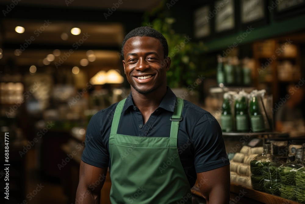Black professional waiter in green apron Black professional waiter in green apron