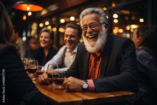 Senior beard men with his child in restaurant - good mood