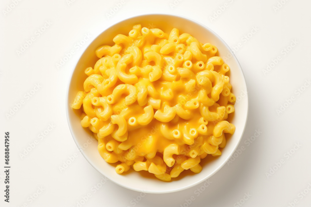 Top view of a bowl of hot macaroni and cheese isolated on white background Top view of a bowl of hot macaroni and cheese isolated on white background