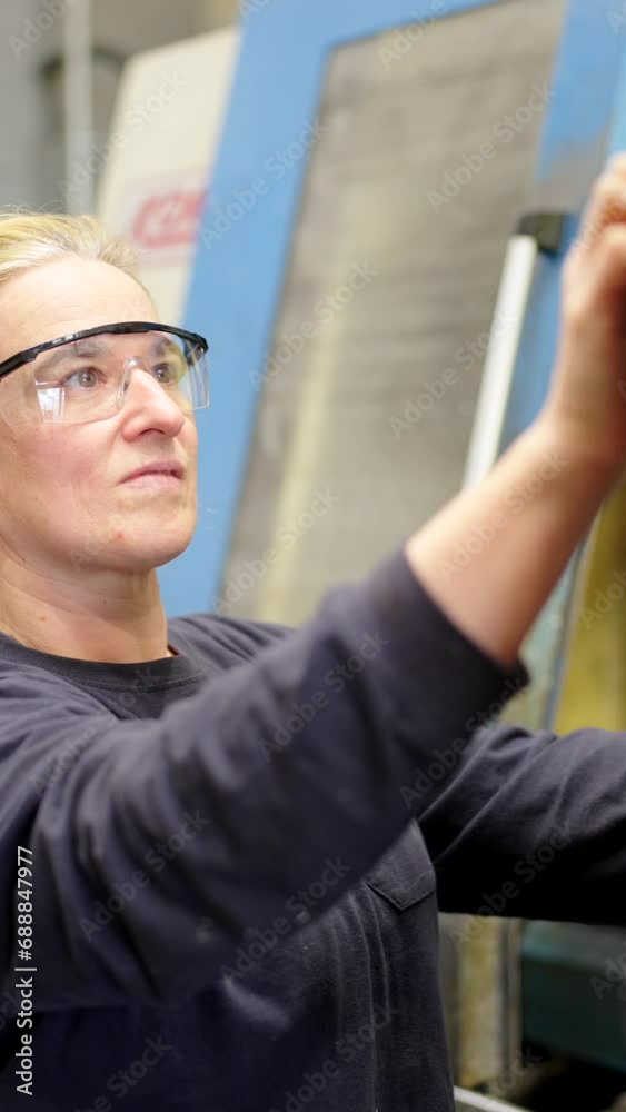 Vertical video of a technician woman inspecting CNC machines controlled manufacturing with computer industrial Vertical video of a technician woman inspecting CNC machines controlled manufacturing with computer industrial