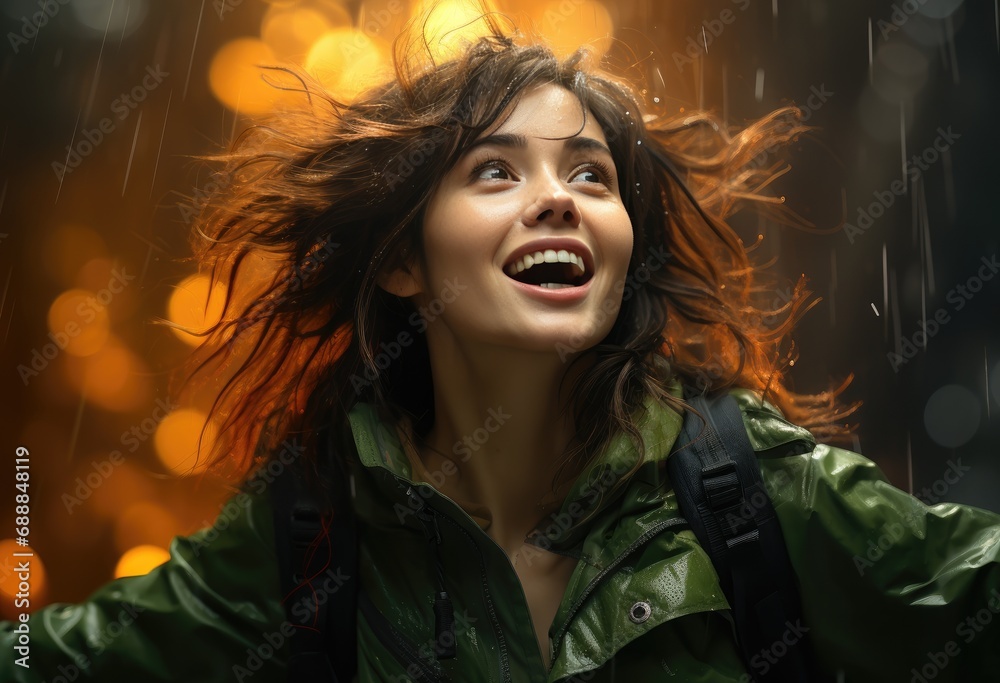 Brunette woman smiling on the street while raining