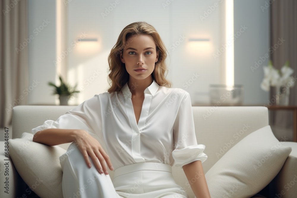 Elegant woman in white suit posing in modern interior. Fashion and style. Elegant woman in white suit posing in modern interior. Fashion and style.