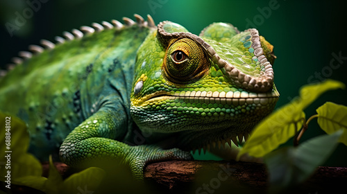 Animal Chameleon Lizard natural Tropical animal, Close-up Shot of Vibrant Green Chameleon Resting on Tree Branch with Intricate Scale Detail and Striking Eye in Natural Setting, Gecko Closeup Macro.   © Muhammad