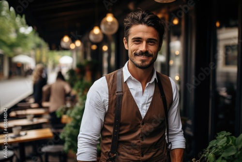  Smiling white italian guy in front of restaurant