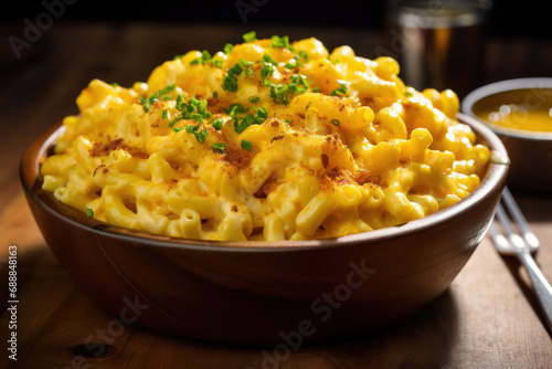 A wood bowl of creamy homemade macaroni and cheese with greens on background