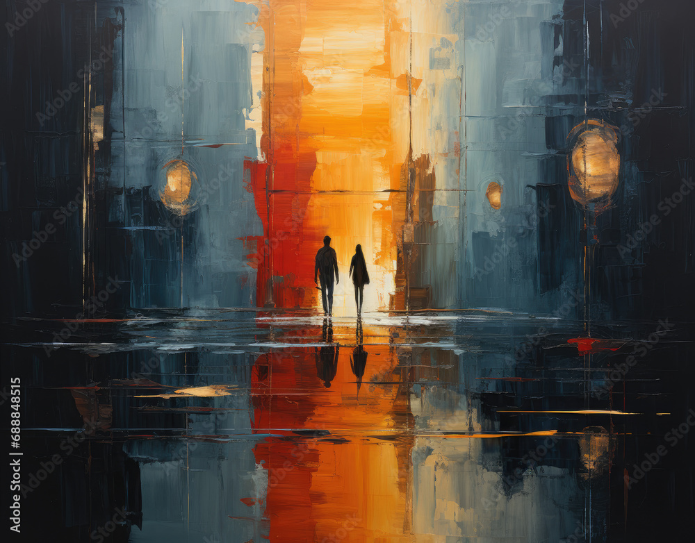 Couple walking at night - oil painting
