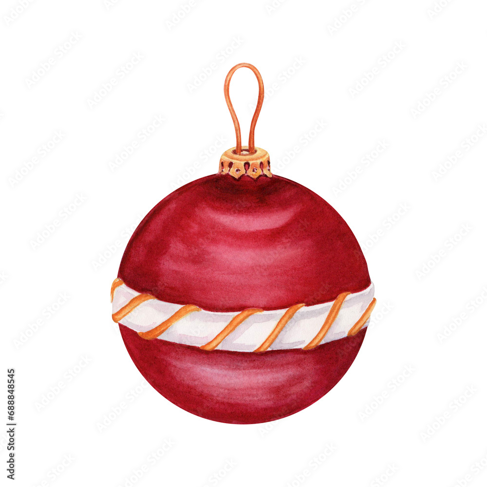 Red Christmas ball with white and gold ornament. Hand drawn watercolor illustration isolated on transparent background. Bauble design element for holiday cards, seasonal greetings and invitations Red Christmas ball with white and gold ornament. Hand drawn watercolor illustration isolated on transparent background. Bauble design element for holiday cards, seasonal greetings and invitations