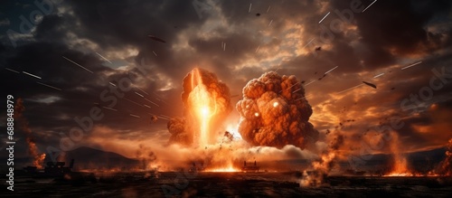 Rocket launch with fire clouds during a battle scene at night, with rocket missiles aimed at the gloomy sky. Rocket vehicle on a war background with selective focus. photo