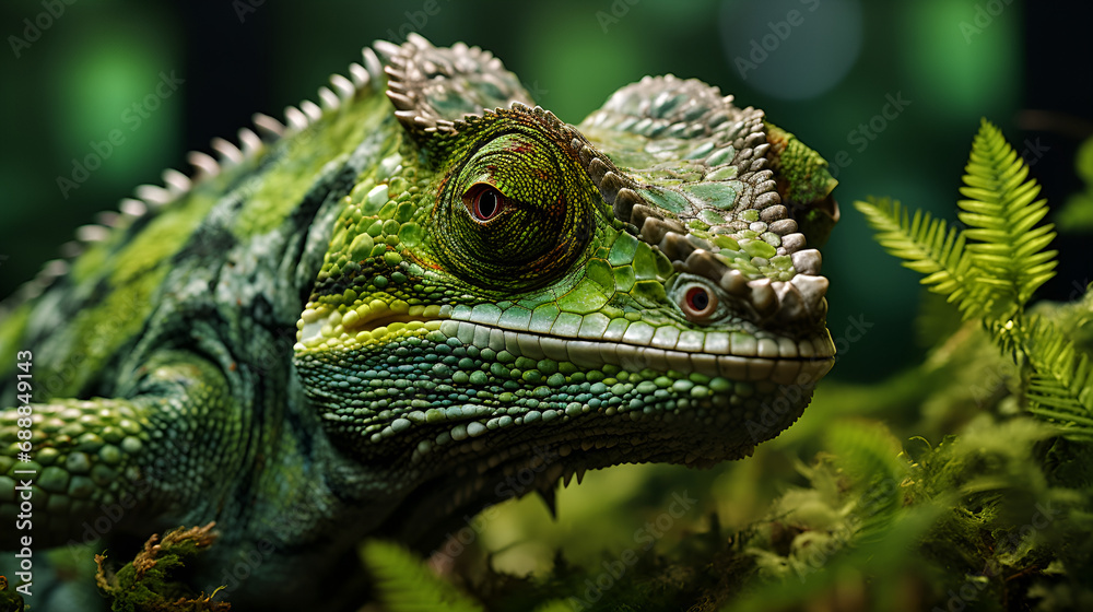 A Chameleon Among Leaves Showcasing Its Textured Skin and Detailed Eye A Chameleon Among Leaves Showcasing Its Textured Skin and Detailed Eye