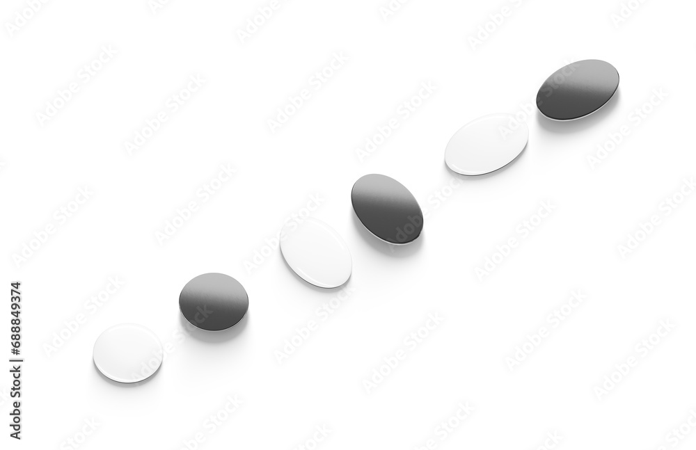 Blank black and white round and oval fridge magnet mockup,