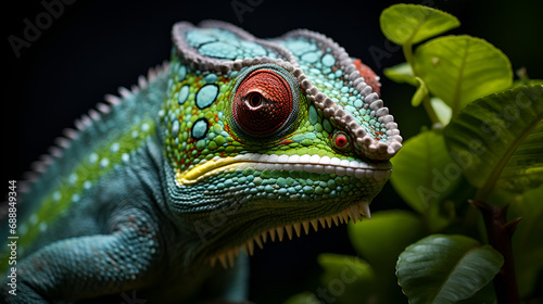 A vibrant chameleon blending into its surroundings  Green gecko perching on branch in forest generated by AI  A vibrant green chameleon perched on a branch in a lush forest  close up of green chame   