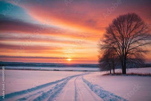 Beautiful winter sunset with colorful sky