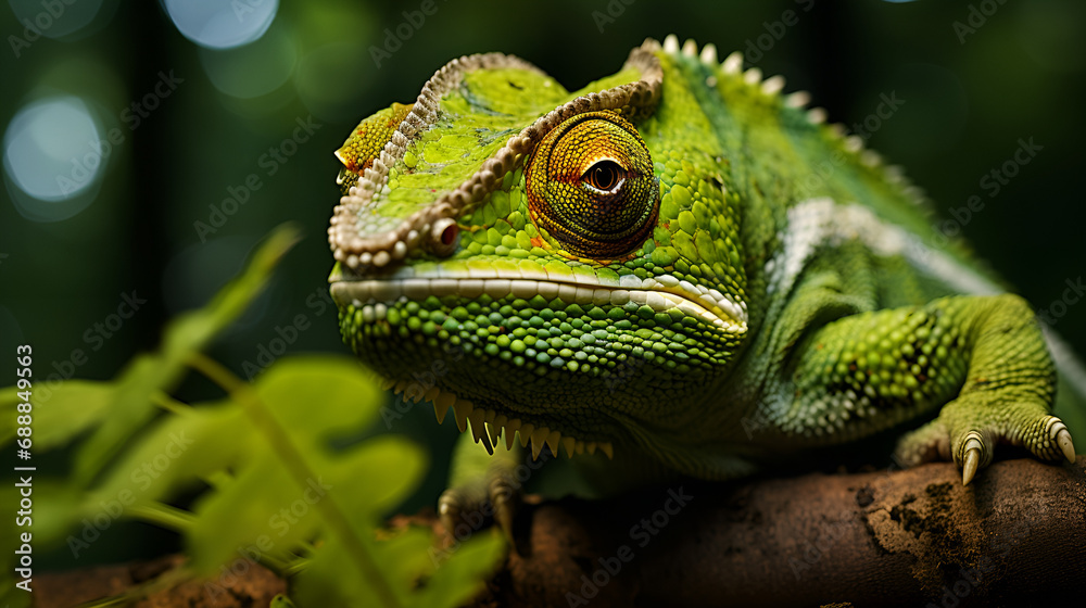 Obraz premium Green Chameleon Perched on a Branch in a Dense Forest Setting