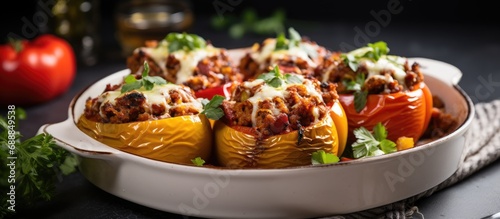 Autumn recipe for stuffed bell peppers with meat, veggies, and cheese on a white marble table before baking.