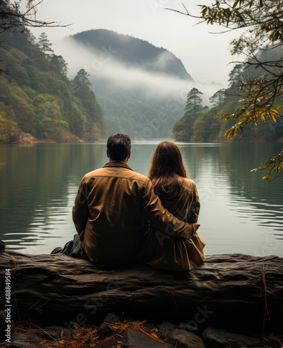 Couple sitting on the edge of lake © Larisa AI