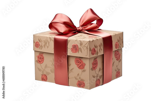 Elegant Brown Box Gift With Red Ribbon And Floral Shape  On Transparent Background