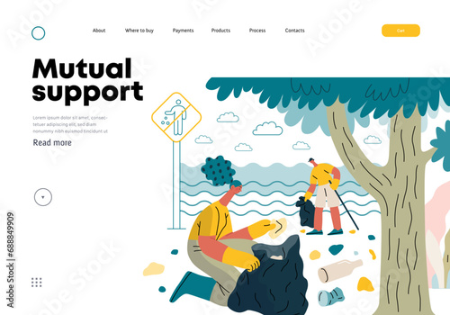 Mutual Support: Cleaning up trash, Garbage collection -modern flat vector concept illustration of people collecting trash on the beach A metaphor of voluntary, collaborative exchanges of resource