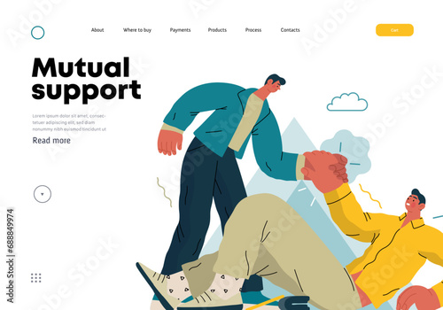 Mutual Support: Helping a fallen person get up -modern flat vector concept illustration of man assisting another man to stand up A metaphor of voluntary, collaborative exchanges of resource, services photo