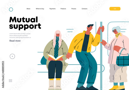 Mutual Support Giving up seat in public transport -modern flat vector concept illustration of man offering his seat to elderly woman on bus A metaphor of voluntary, collaborative exchanges of services