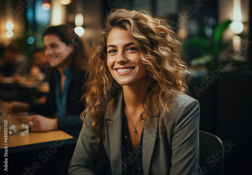Adorable blond in grey suit sitting in restaurant