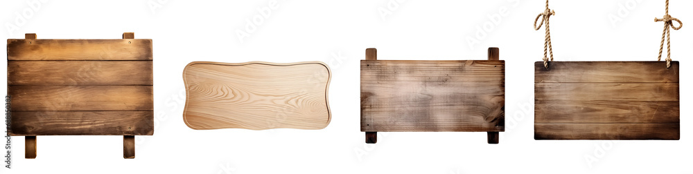 Ropes and Oblong Decorative Wooden: Set of Empty Wooden Sign, Isolated on Transparent Background, PNG