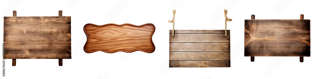 Empty Wooden Sign Set: Oblong Decorative Wooden with Ropes, Isolated on Transparent Background, PNG