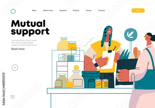 Mutual Support: Bringing groceries to food bank -modern flat vector concept illustration of people donating food to food pantry A metaphor of voluntary, collaborative exchanges of resource, services