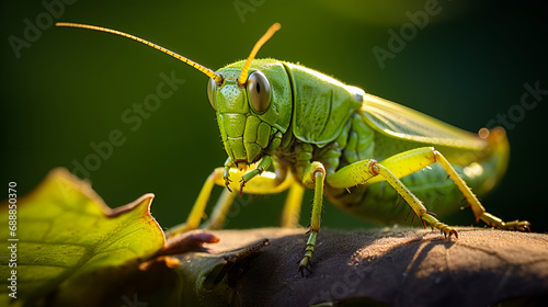 Grasshopper on a leaf in the forest during the rainy season., Male green gresshopper on a leaf, Praying mantis on a green background. The insect hunts, eat, macro, green glasshopper on the stem.     © Muhammad